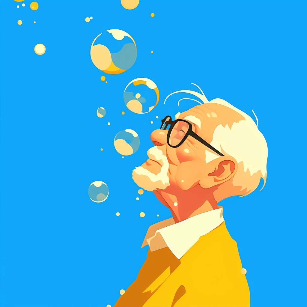 Elderly man in colorful anime style with pastel background.