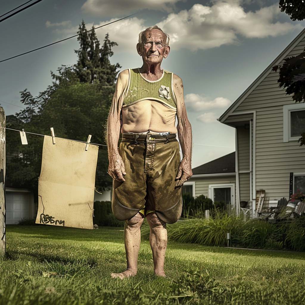 Elderly man in suede lederhosen on grass lawn.