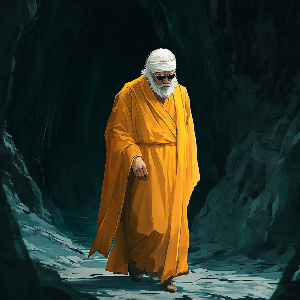 Elderly man in yellow robe walking through dark cavern.