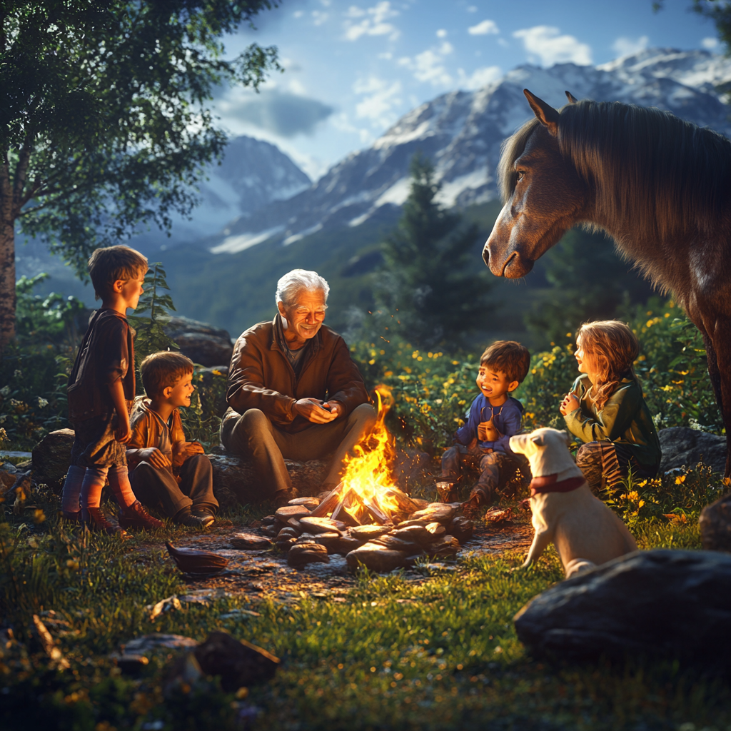 Elderly man with children and animals by campfire.