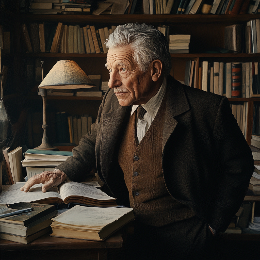 Elderly man with wise expression in dimly lit study.