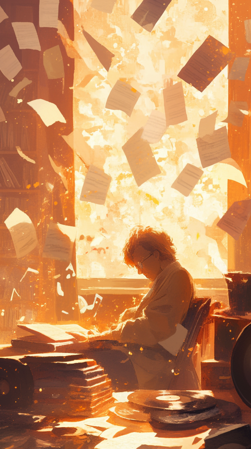 Elderly person surrounded by floating musical notes and sunlight.