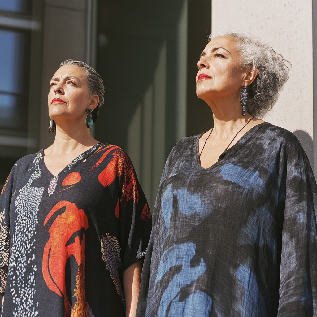 Elderly plus-size women in loose black and indigo tunics.