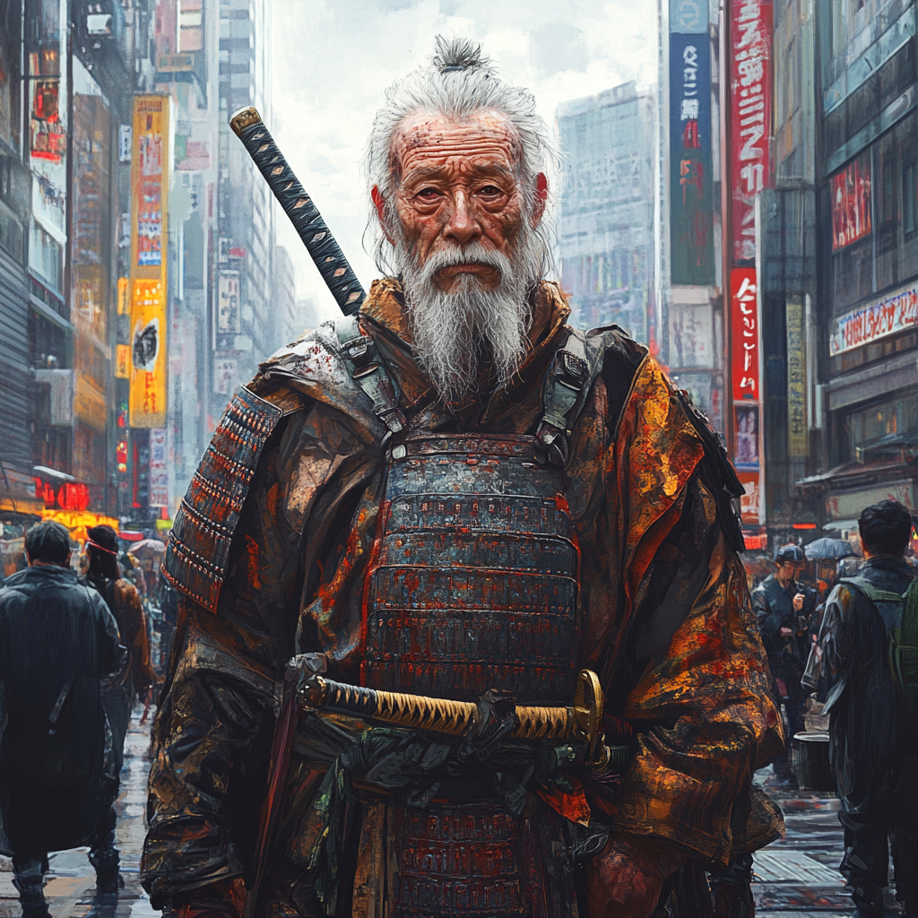 Elderly samurai in old armor, lost in modern city.