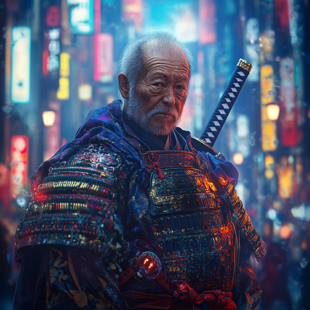 Elderly samurai in traditional armor confused in modern city.