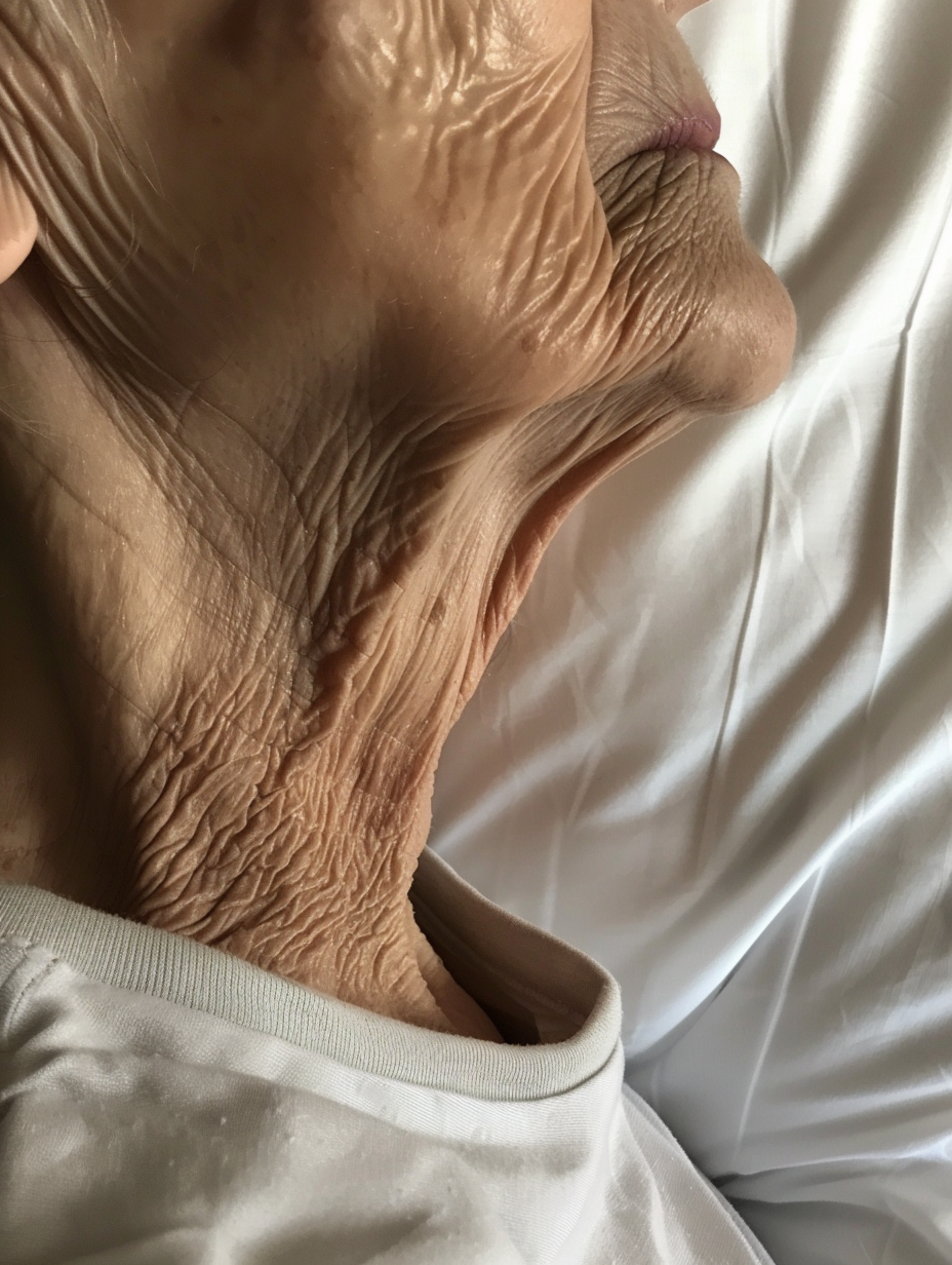 Elderly woman's neck with small skin lesions, wrinkles, iPhone X photo on Reddit 2019