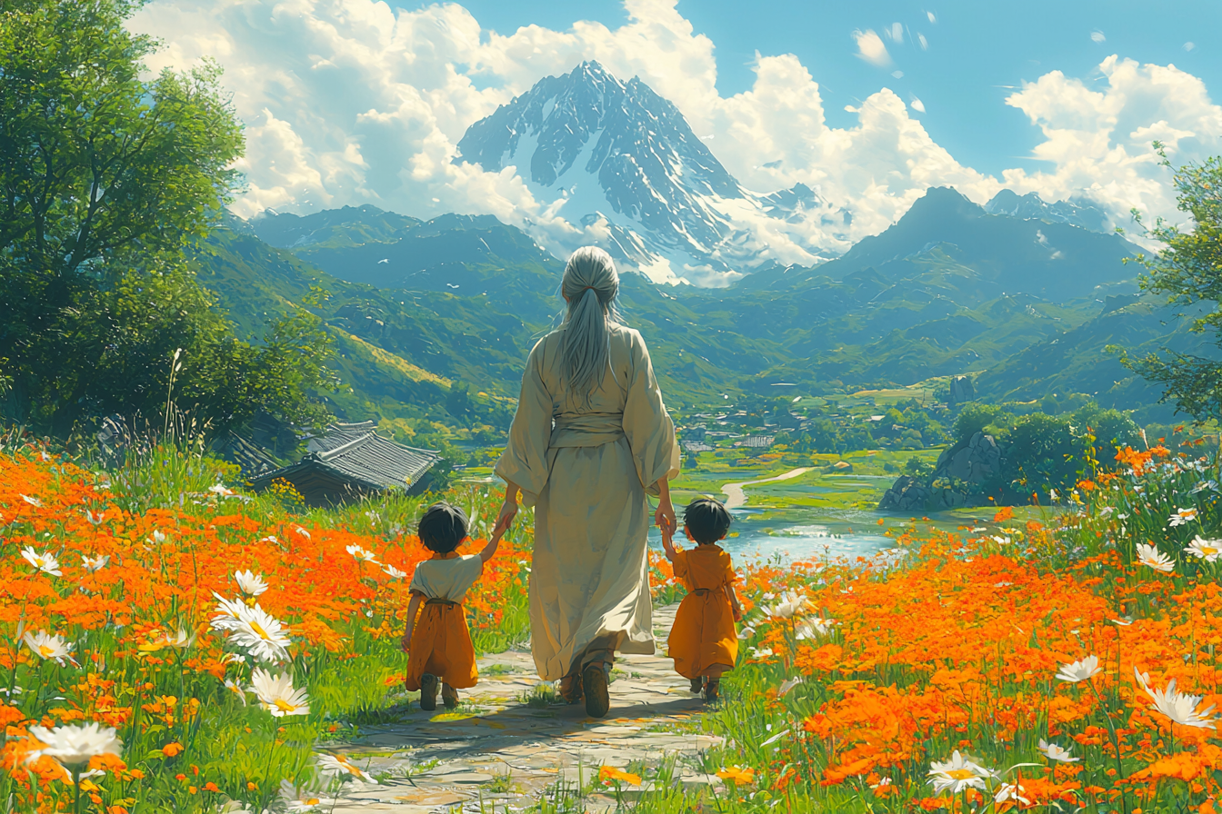 Elderly woman and kids walk in vibrant anime scenery.