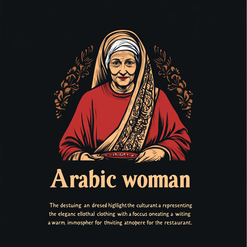 Elderly woman in Arabic attire logo for restaurant.