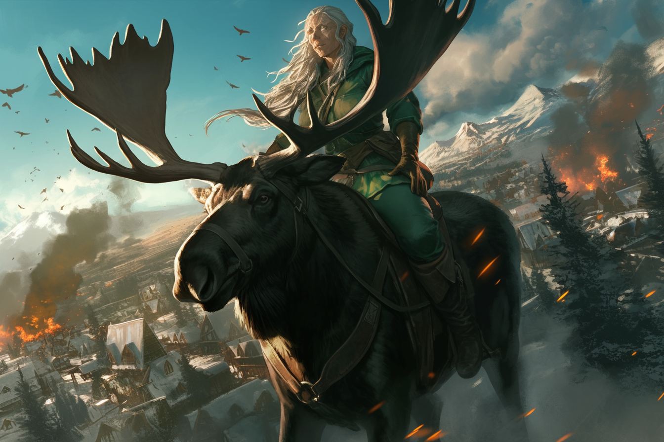 Elderly woman on moose in burning town, horror art.