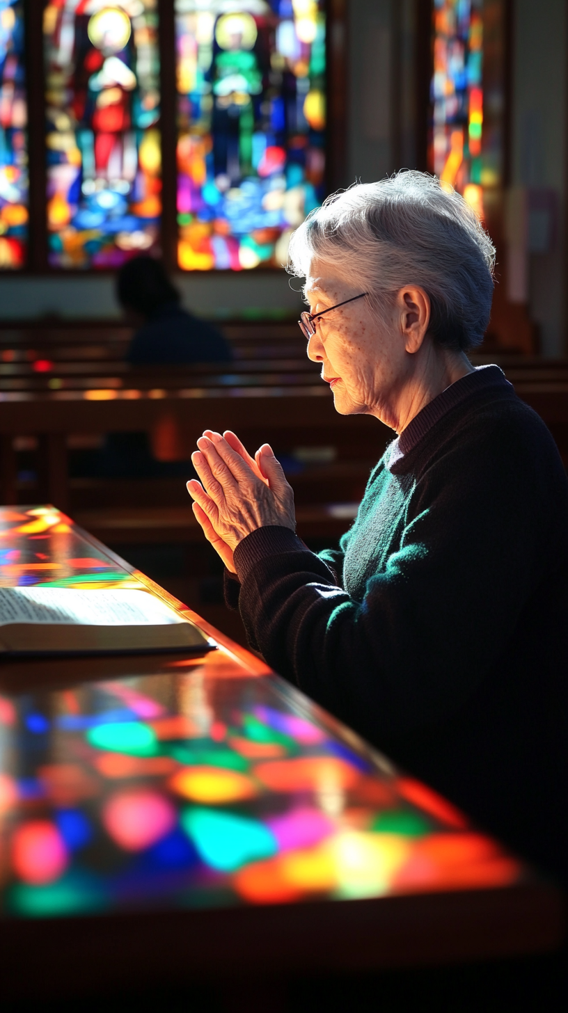 Elderly woman prays at bright church altar.