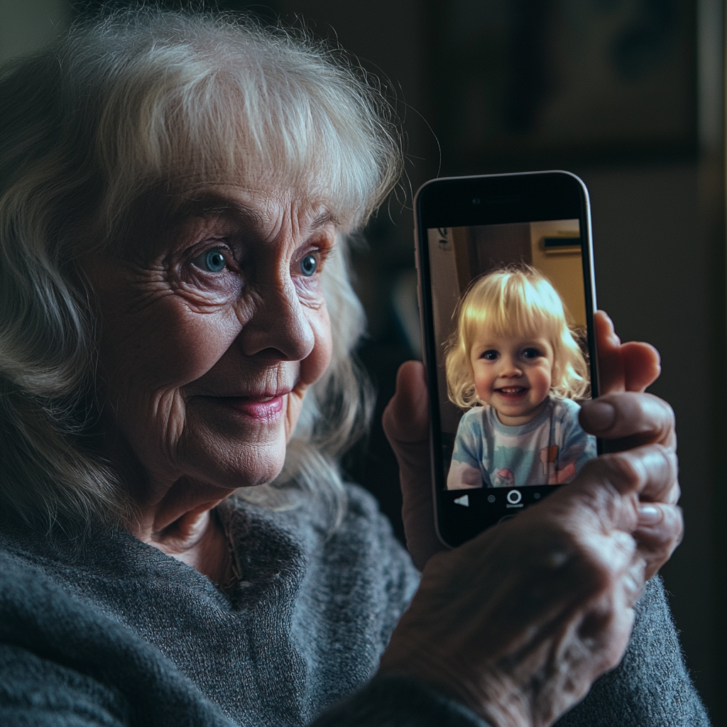 Elderly woman smiling as she sees younger self on phone.