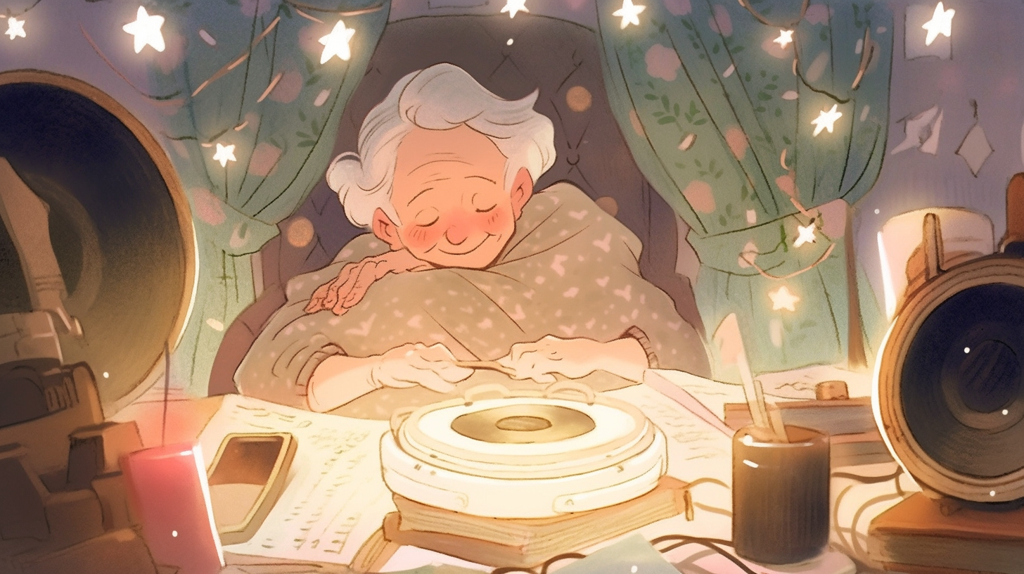 Elderly woman surrounded by glowing musical notes and memories.