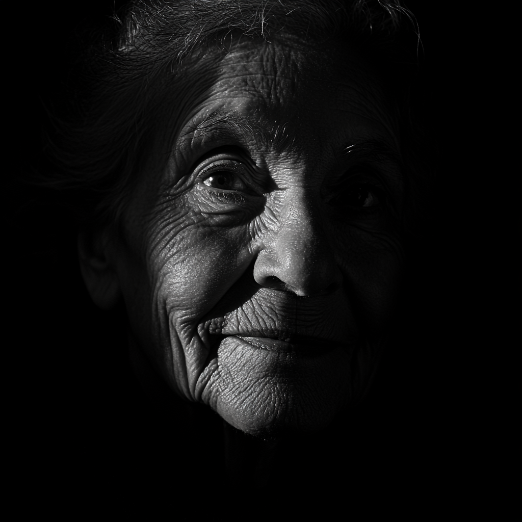 Elderly woman with deep wrinkles, half-shadowed face, soft smile.