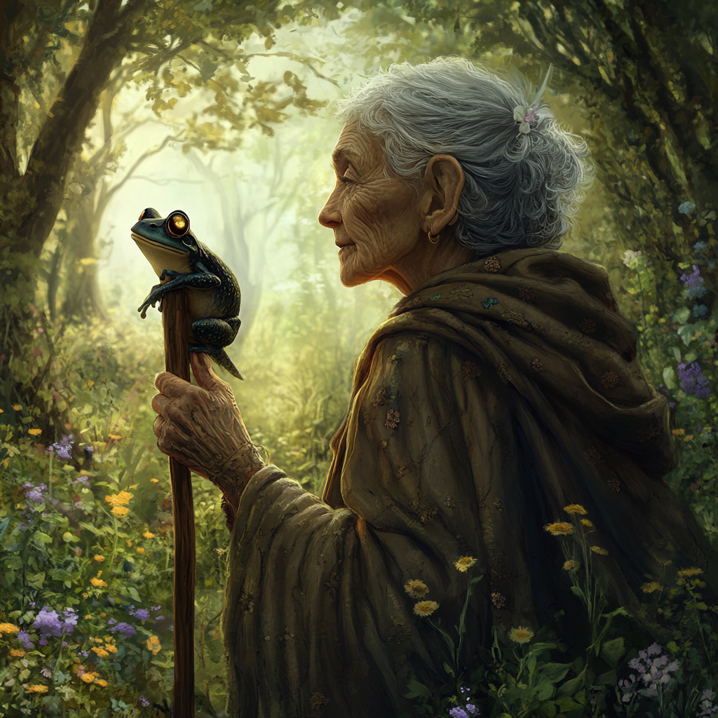 Elderly woman with frog, walking stick in magical forest.