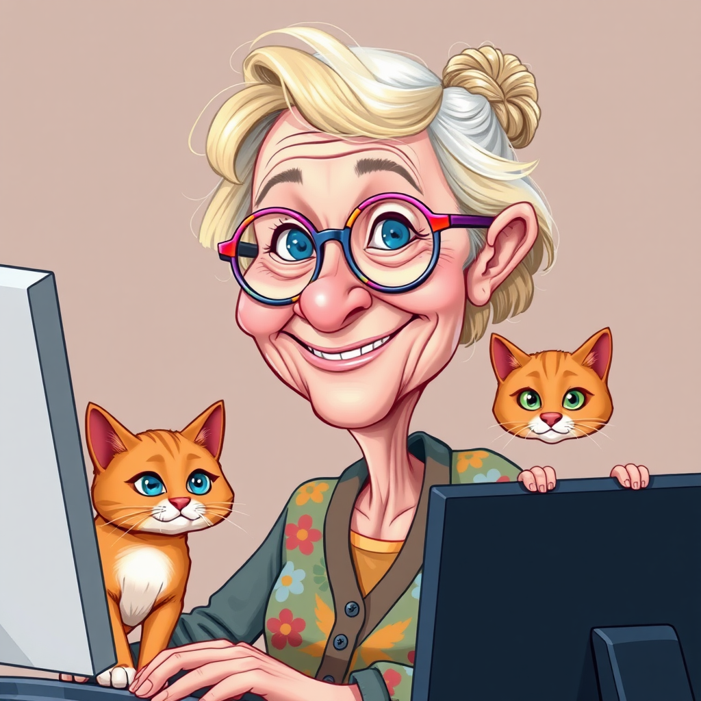 Elderly woman with kitty working on neural project.