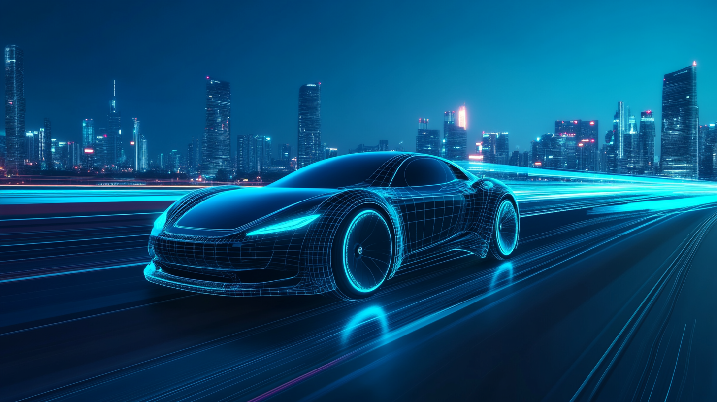 Electric Cars speeding with neon lights, futuristic city background.