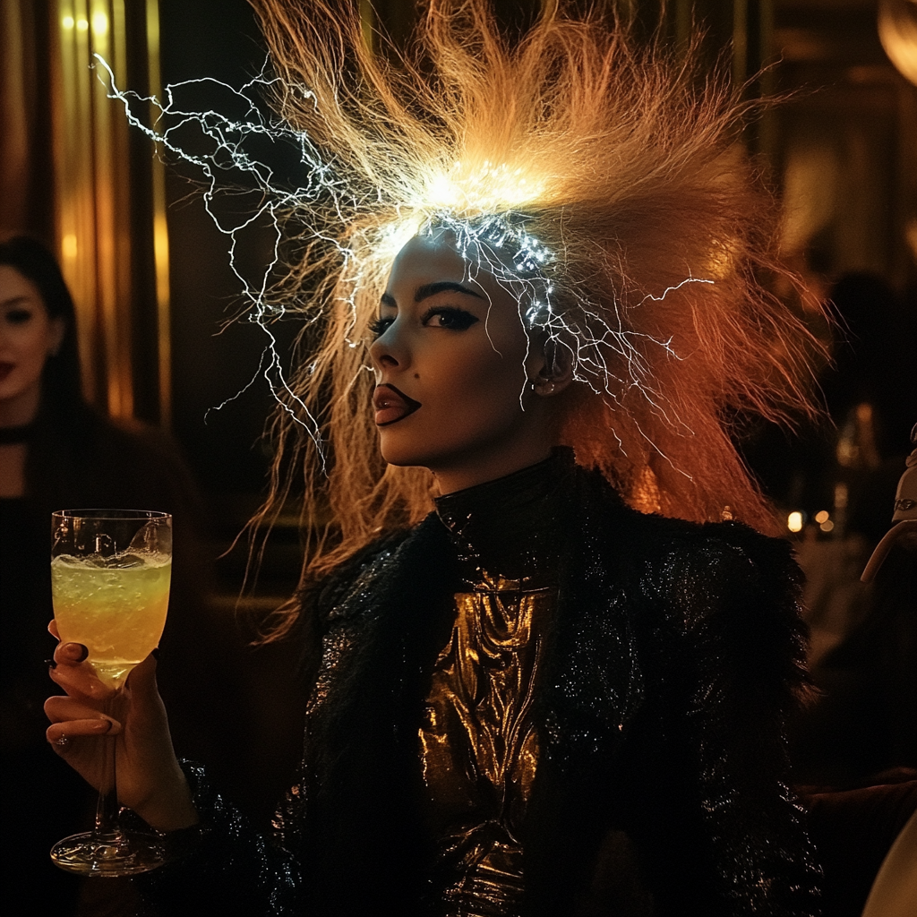 Electric Hair Woman at Halloween Party with Punch