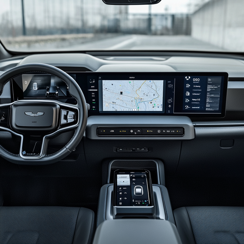 Electric car control panel shows battery info and navigation