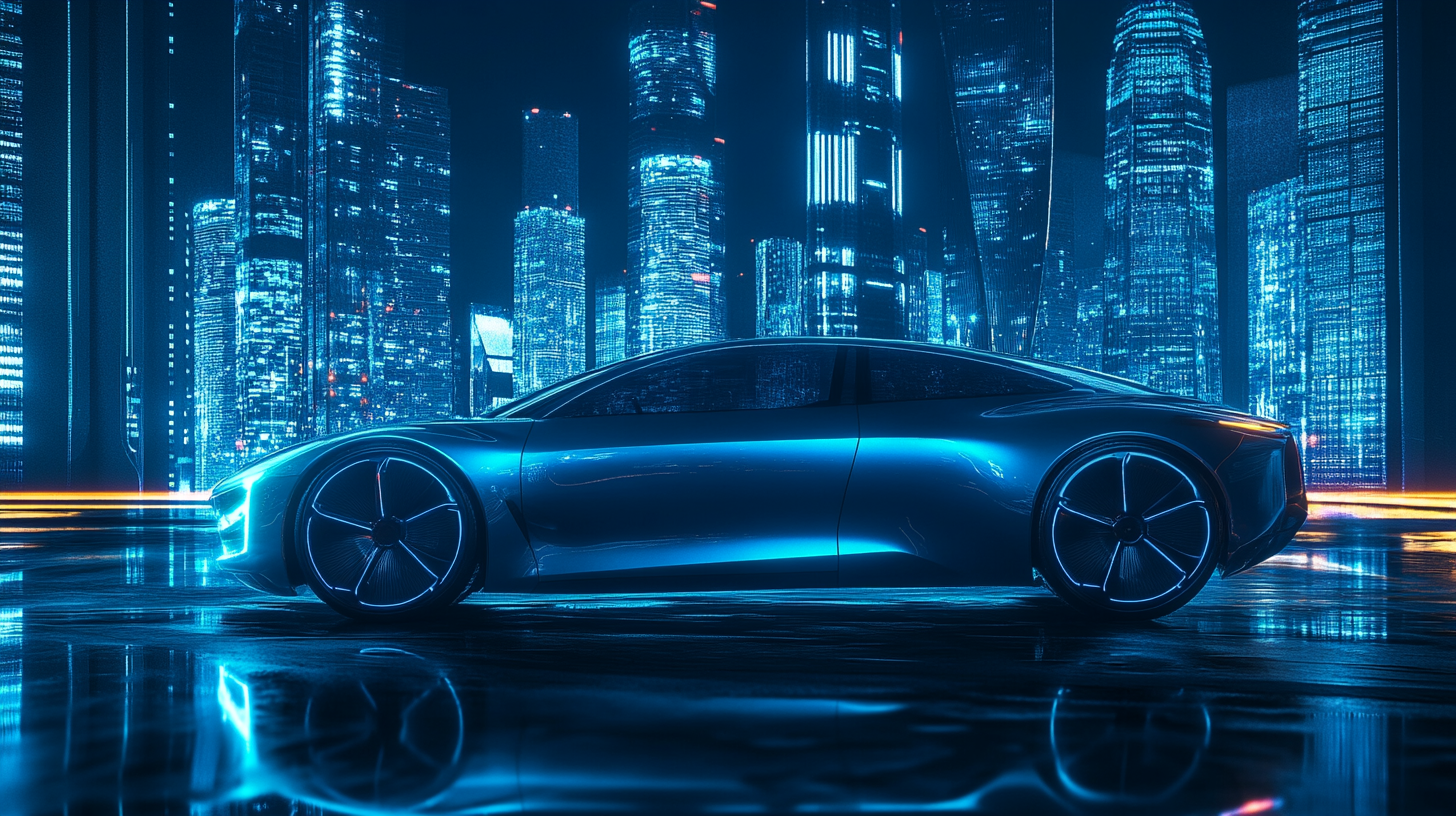 Electric cars in modern city with neon lights.