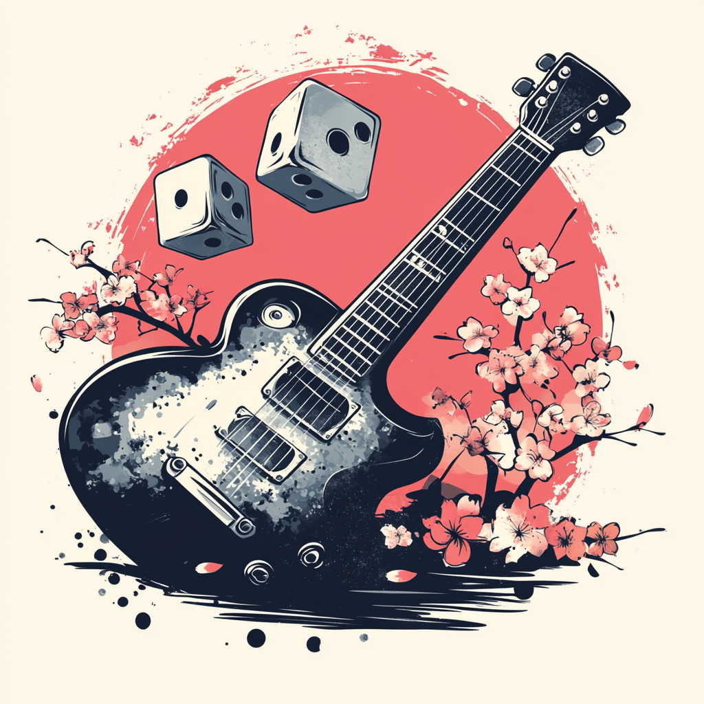 Electric guitar, cherry blossom, two rolling dices, Japanese style.