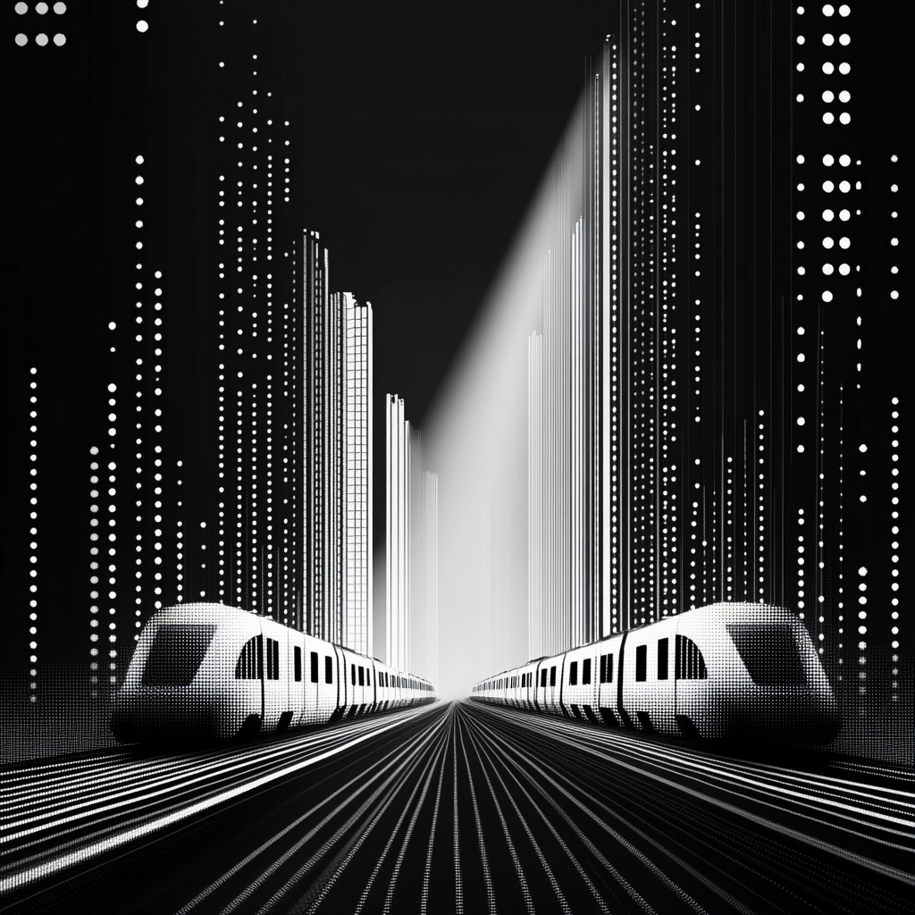 Electric trains in digital art with pixel profiles.