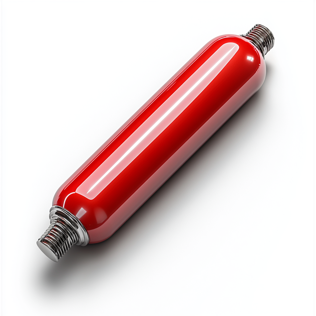 Electronic capacitor with red body and metallic sheen.