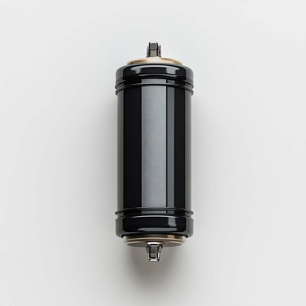 Electronic capacitor with two leads, light black with gray stripe.