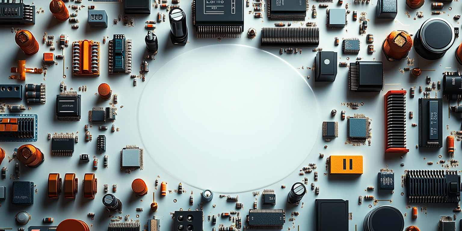 Electronic components on white background, circle space in center.