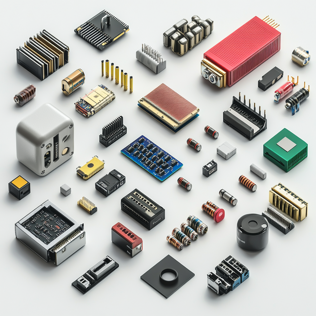 Electronic components on white background: capacitor, resistor, LED.