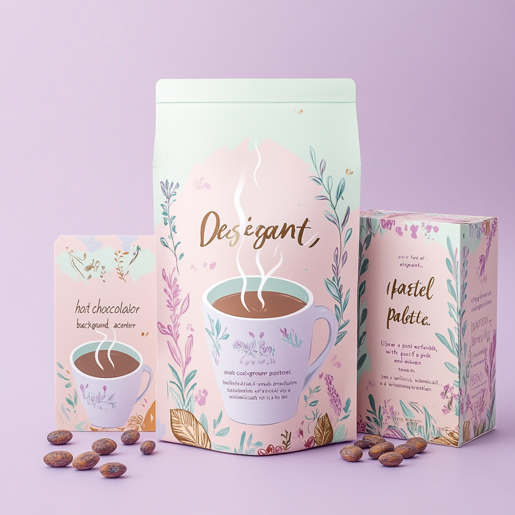 Elegant, eco-friendly hot chocolate packaging box design. Soft colors.