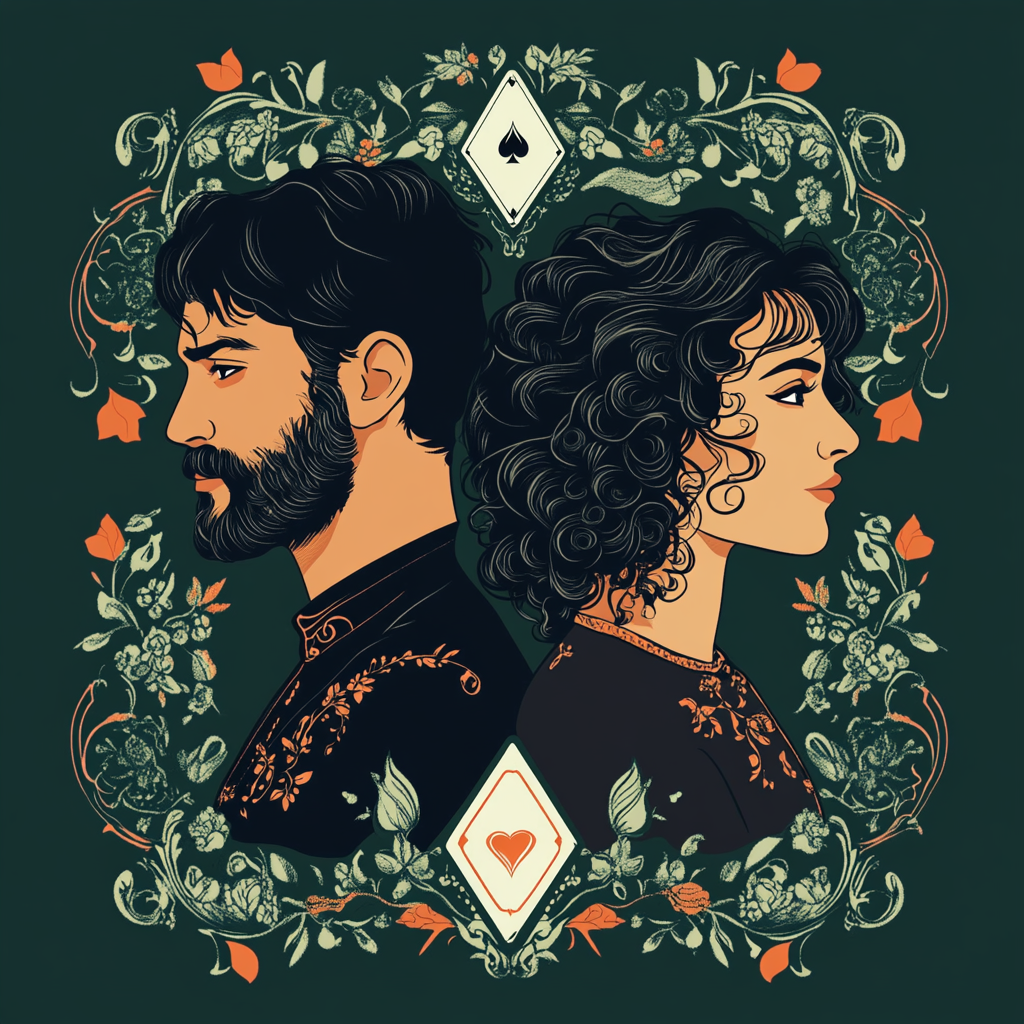 Elegant, ornate playing cards with romantic couple illustration.