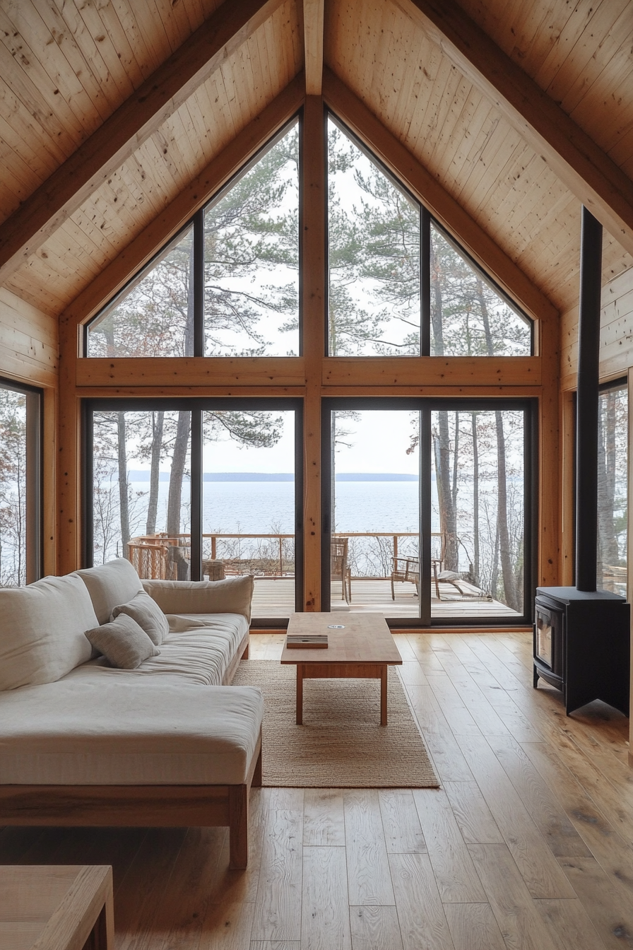 Elegant, spacious cabin with high ceilings and minimal decor.