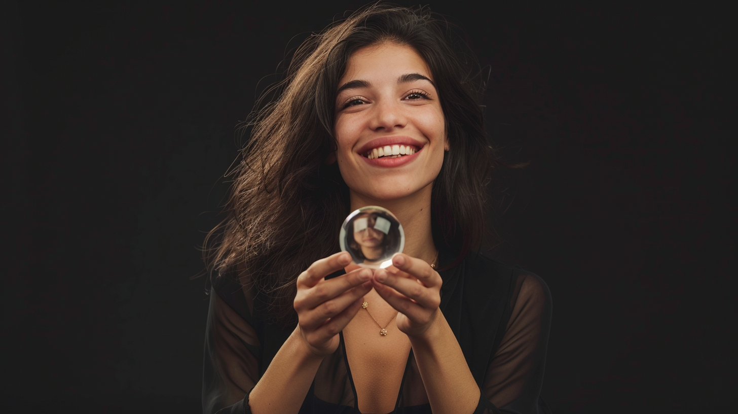 Elegant 30-Year-Old Woman Holding Halfcircle Device