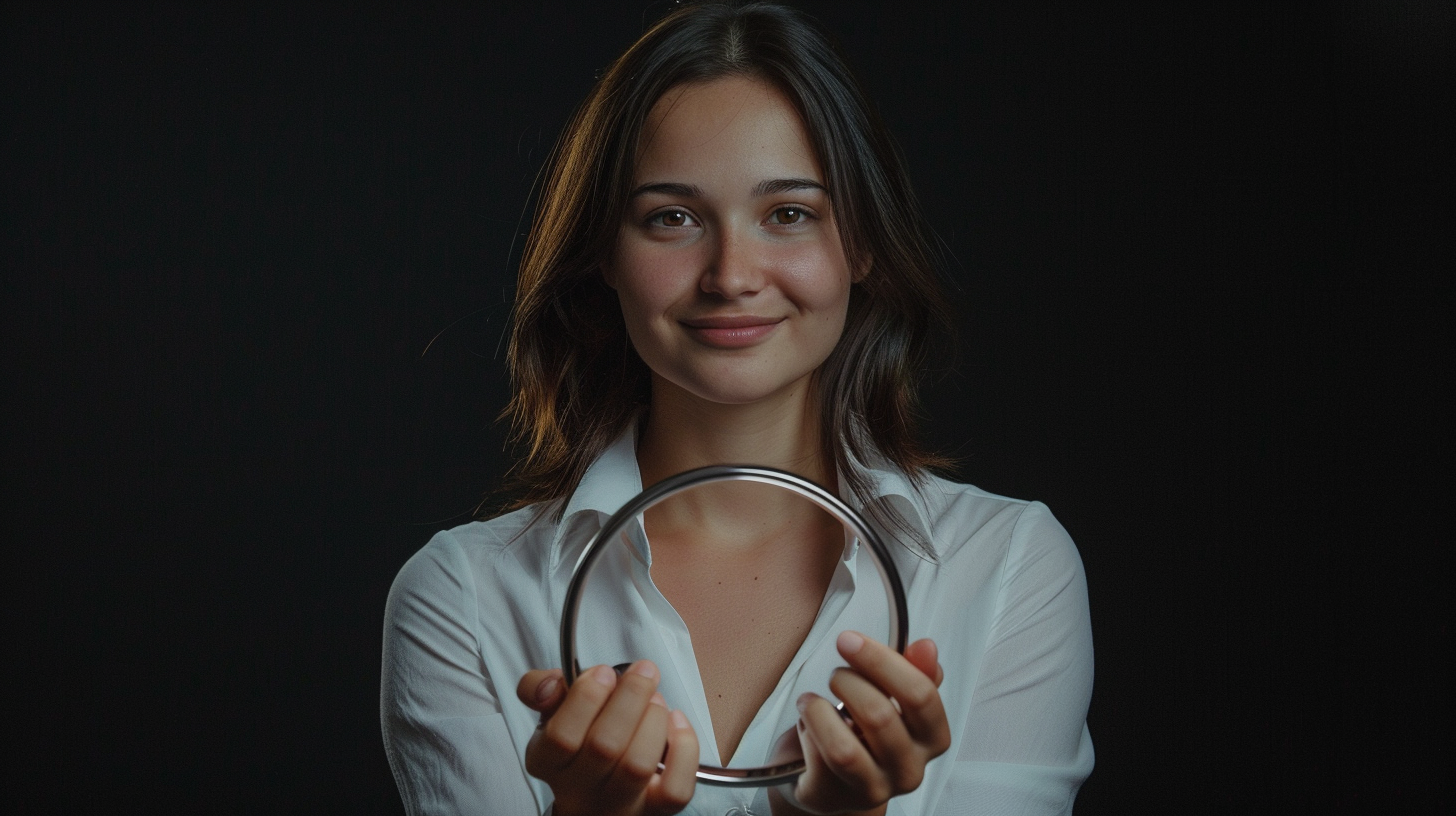 Elegant 30-Year-Old Woman Showcasing Half Circle Device