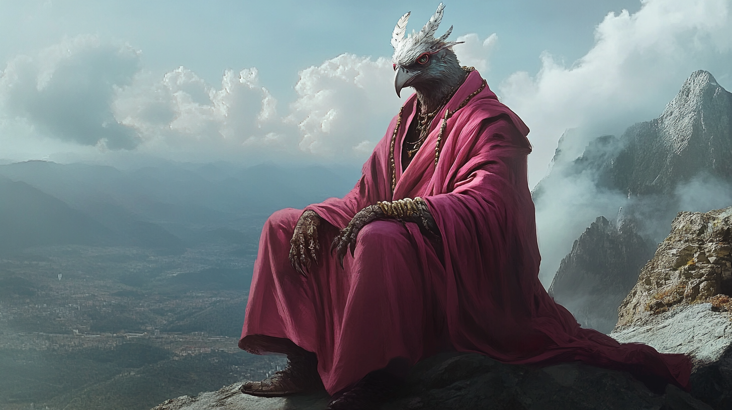 Elegant Aarakocra Monk Crouching on Mountain