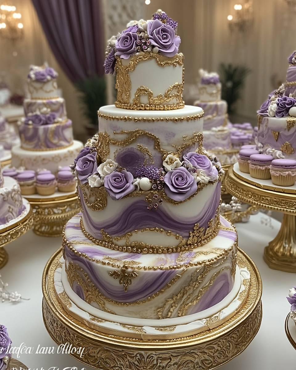 Elegant Cake Display in Lavender and Gold Theme