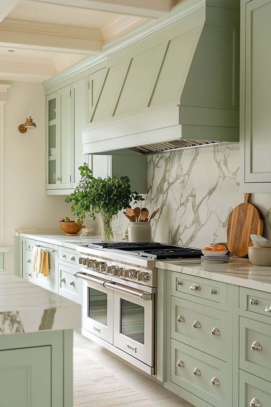 Elegant Celadon Kitchen with Grayish-Green Cabinetry and Marble Countertops