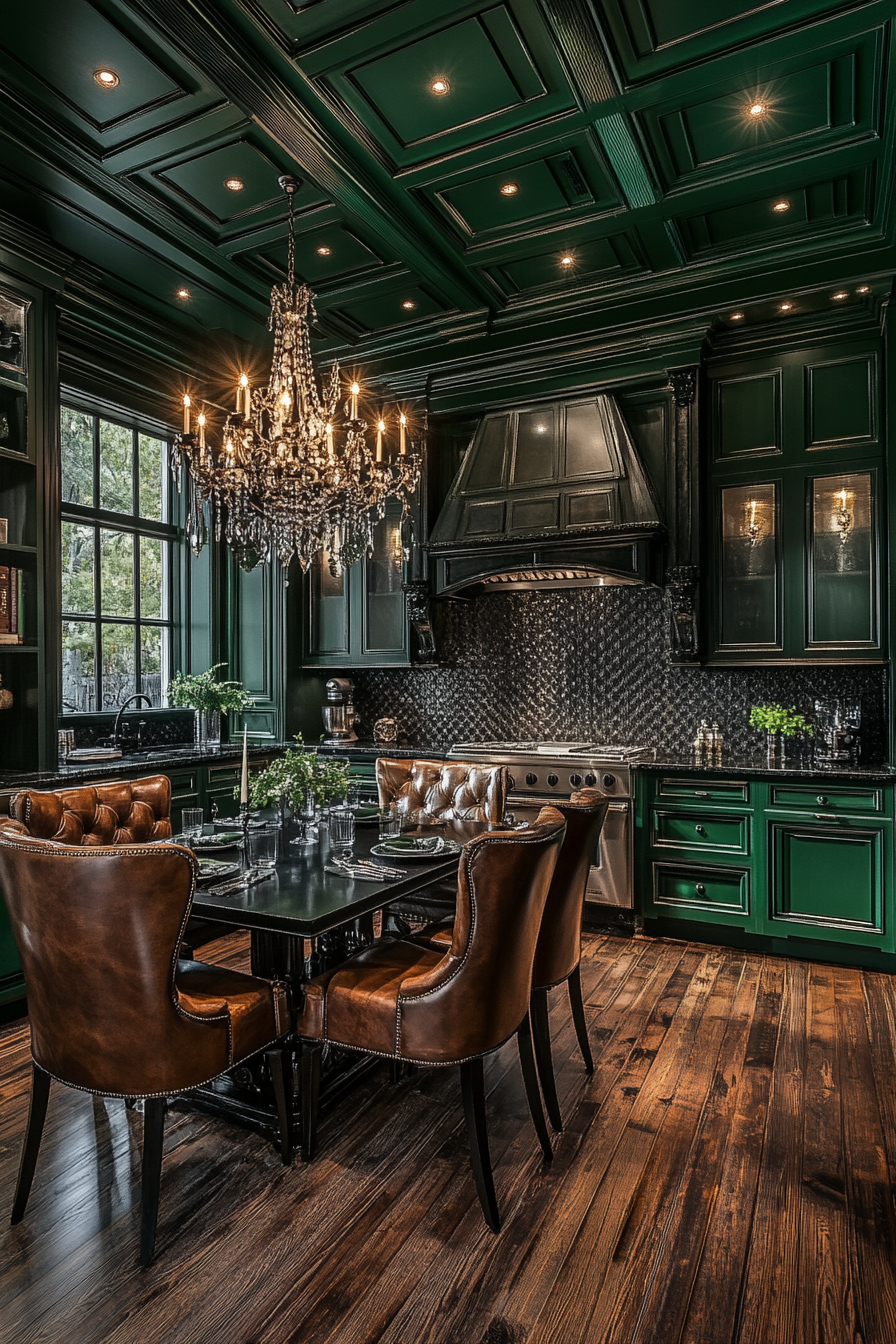 Elegant Deep Green Luxury Kitchen with Mahogany Flooring