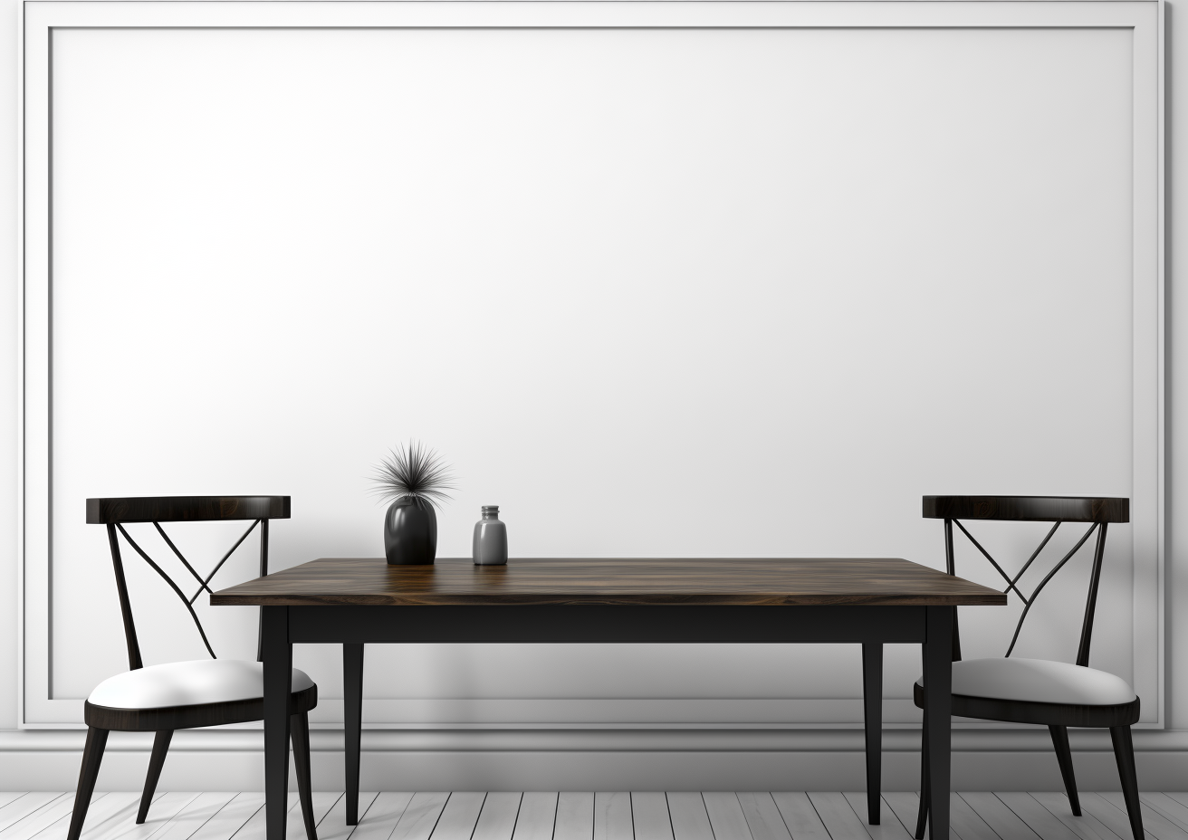 Elegant Dining Room with Blank White Wall, Table Front View