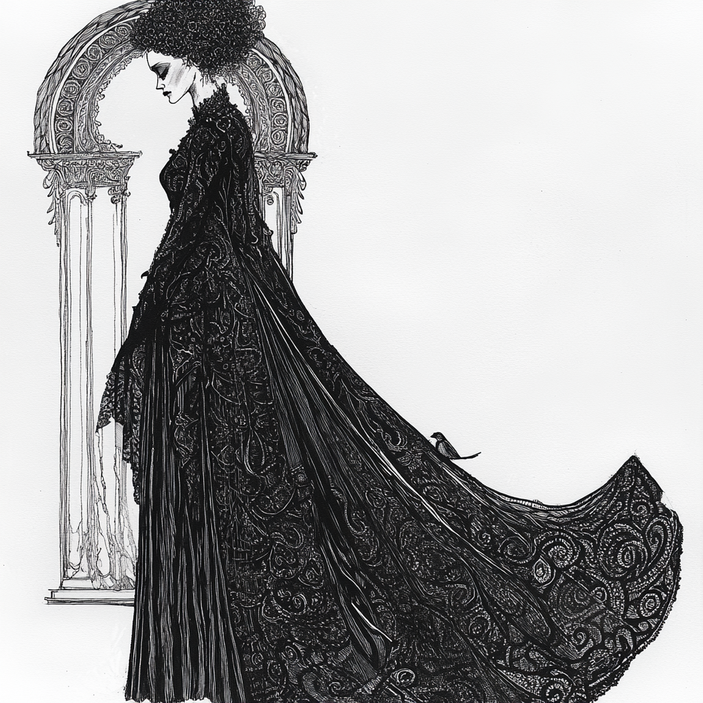 Elegant Figure in Victorian Gown with Surreal Atmosphere.