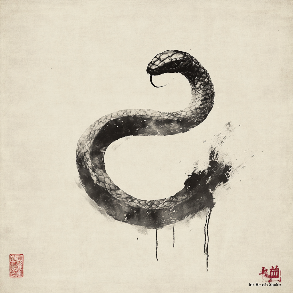 Elegant Ink Brush Snake: Coiled snake in ink brush stroke