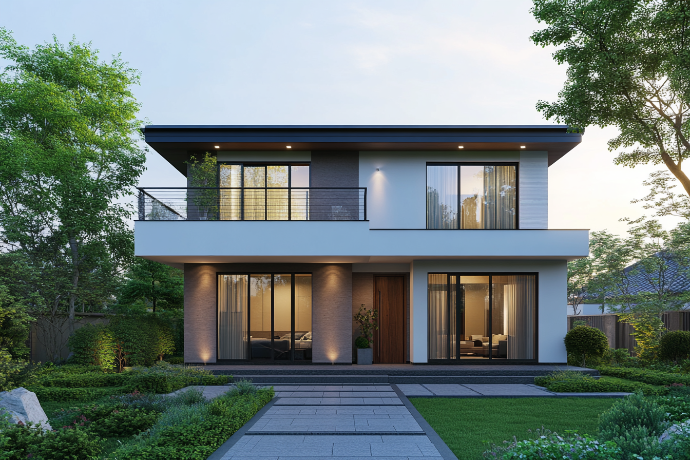 Elegant Japanese couple in front of new home