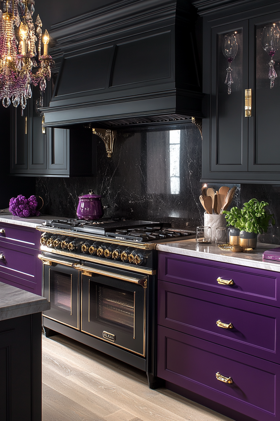 Elegant Kitchen with Blackberry Bliss Cabinets and Pink Marble