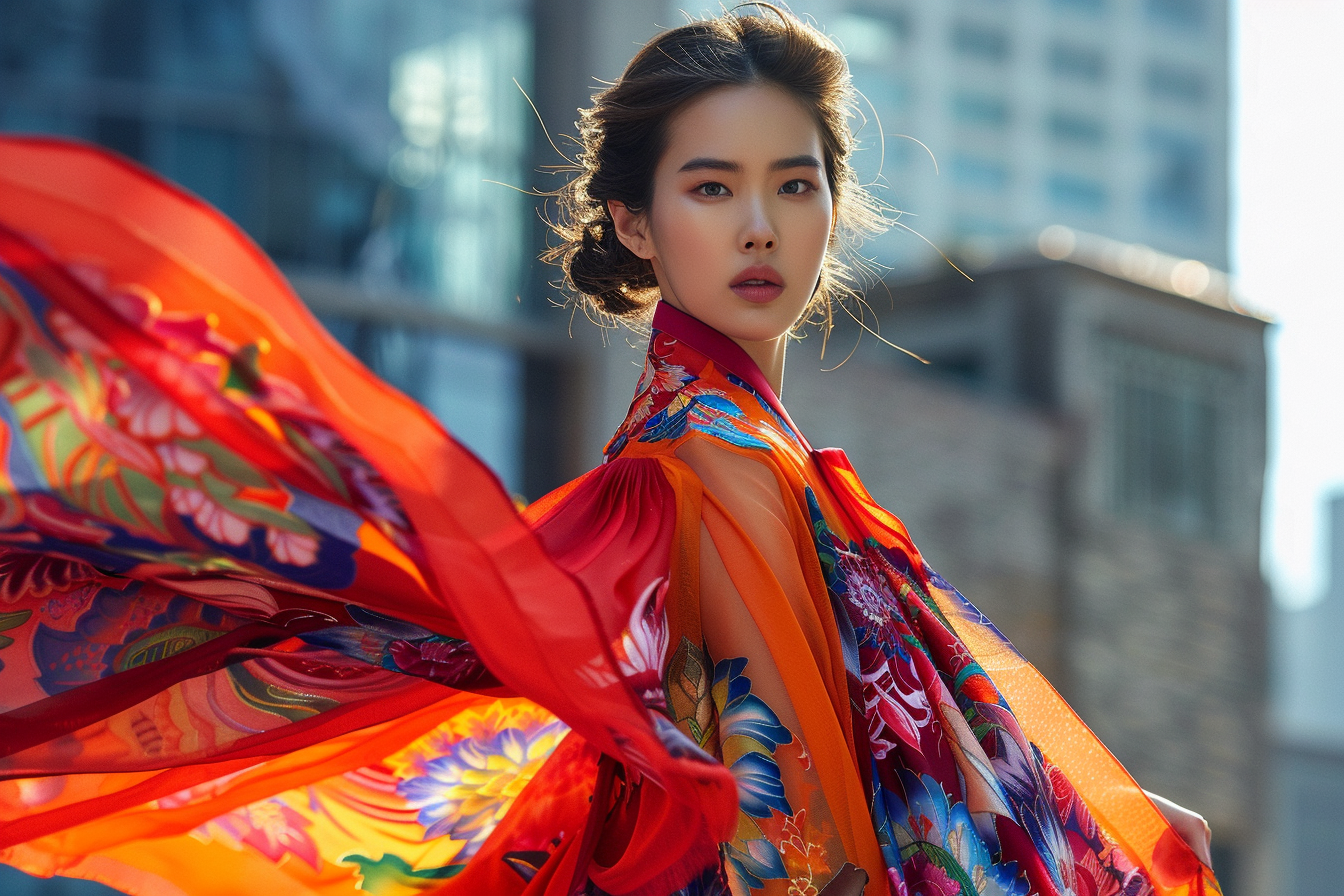 Elegant Korean hanbok fashion in vibrant city