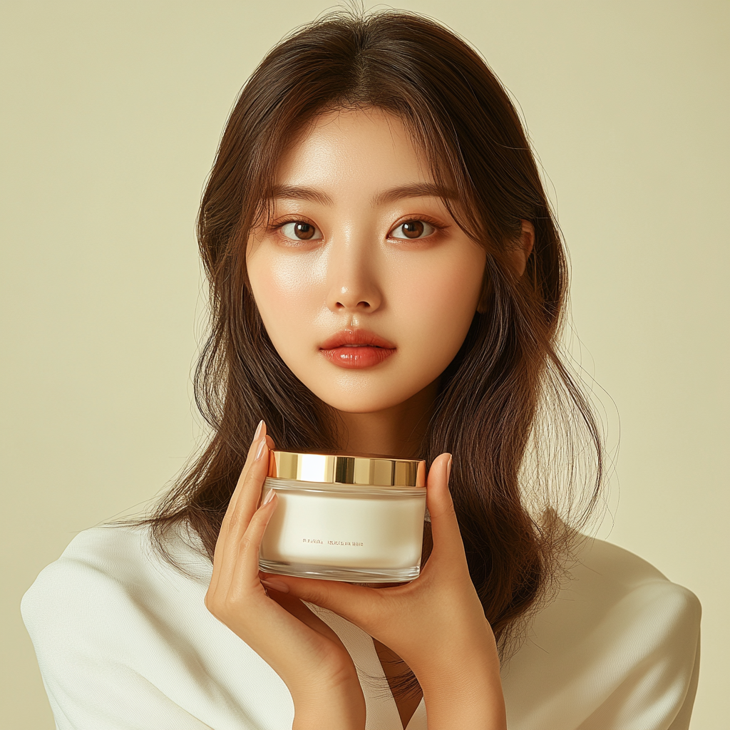 Elegant Korean model showcasing luxurious cream jar.