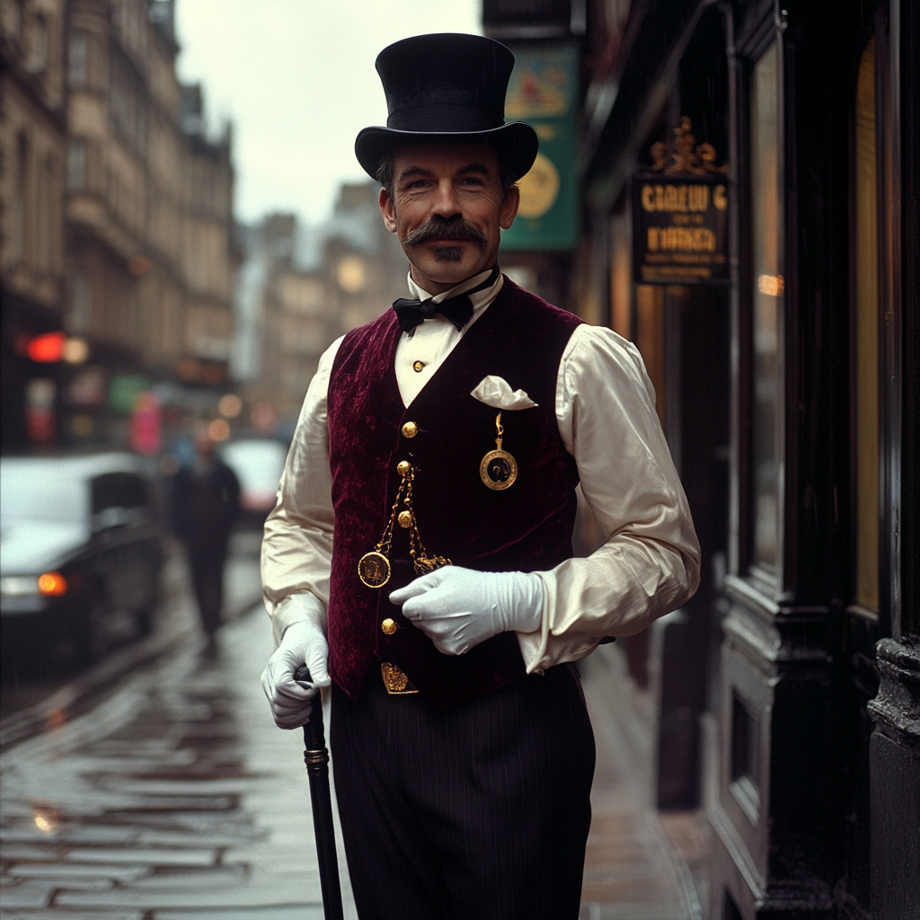 Elegant Man in 1950s Glasgow City Rain