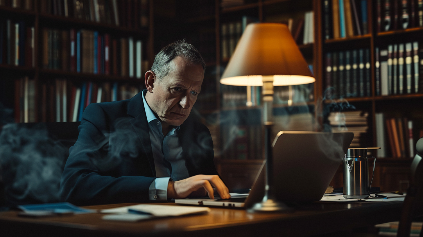 Elegant Mature Man Working in Dark Office Setting