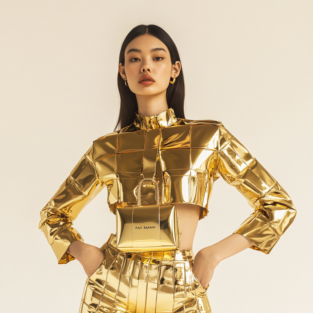 Elegant Model in Chic, Golden Paco Rabanne Outfit