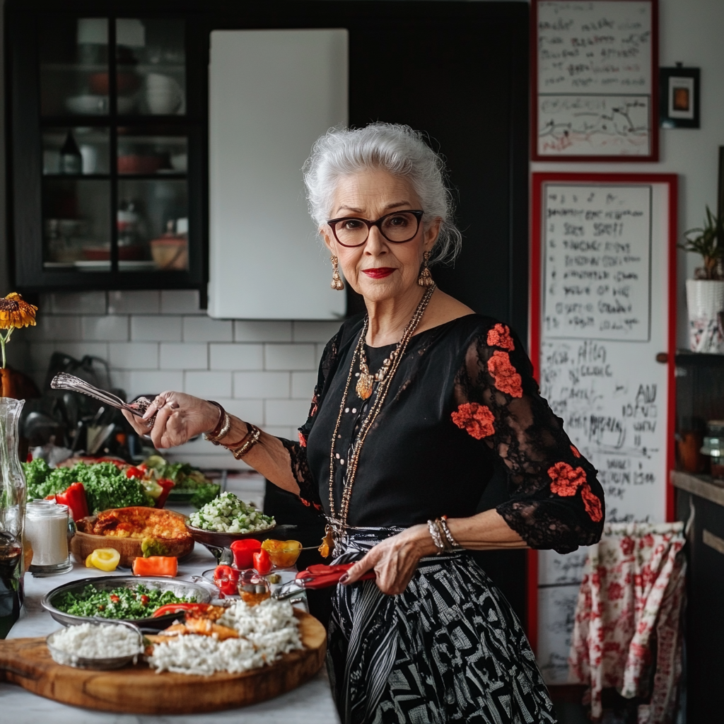 Elegant Modern Grandmother Cooking in 90's Kitchen