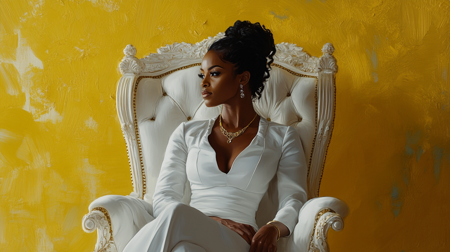 Elegant Nia Long-style black woman on gold-trimmed throne.